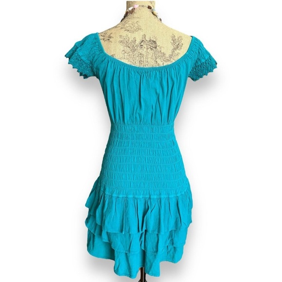 Turquoise Blue Lace-Up Ruffle Dress Size M - Picture 3 of 4